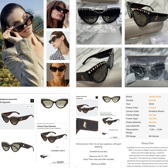 JIMMY CHOO HAVANA CAT EYE WITH FAUX PEARL DETAILING & GOLD “JC” LOGO SUNGLASSES - Picture 5 of 16